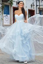 Baby Blue Long Tulle Prom Dress with Applique BM bride