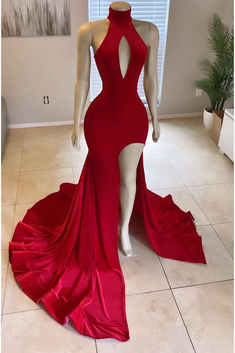 Glorious Red High-Neck Front Split Mermaid Prom Dress Online BM bride