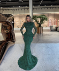 High Neck Long Sleeves Long Mermaid Prom Dress With Beading Pleated BMBRIDE