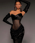 Chic Black Strapless Slimming Long Mermaid Prom Dress with Gloves BM bride