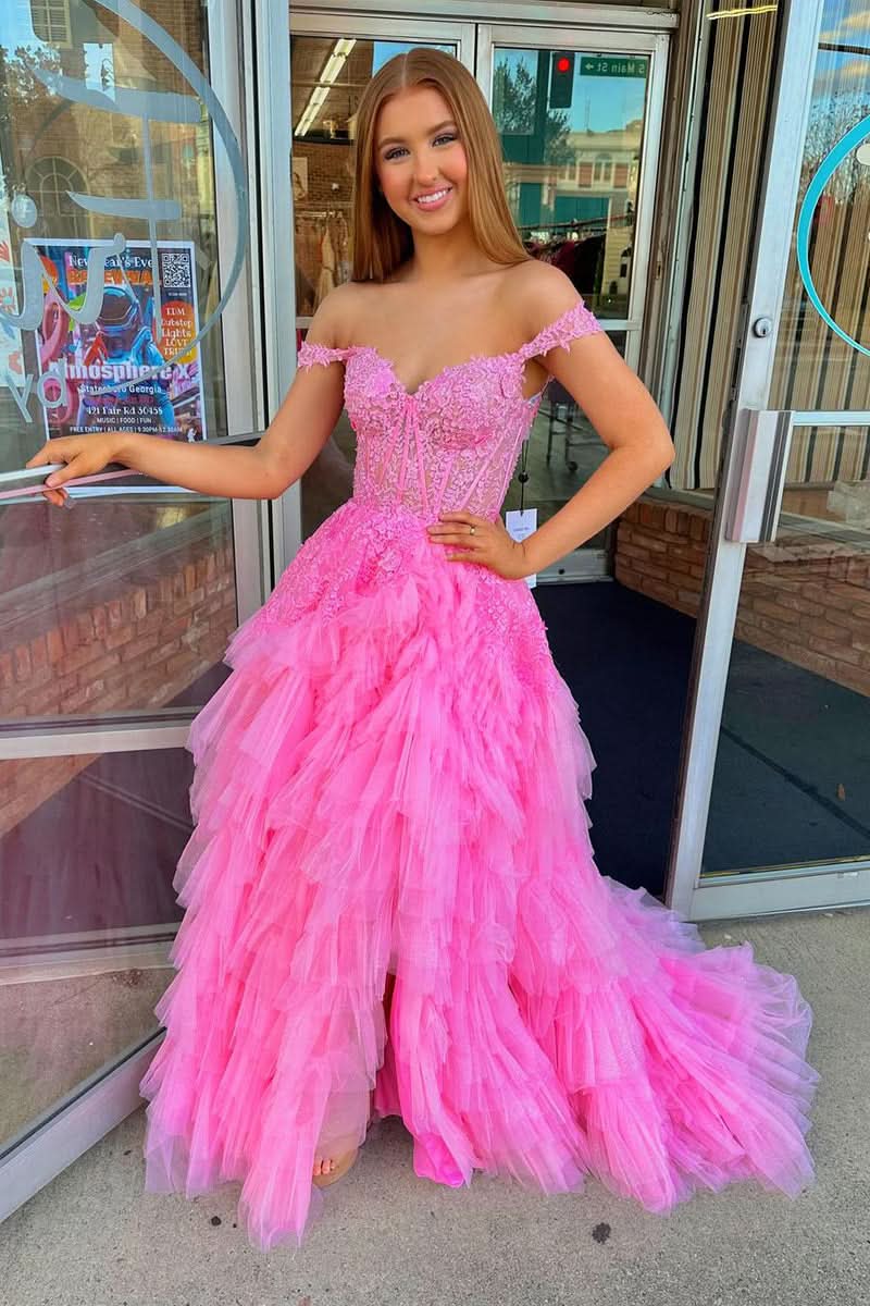 Romantic Off-the-Shoulder Pink Ruffle Tulle Long Prom Dress with Appliques BM bride