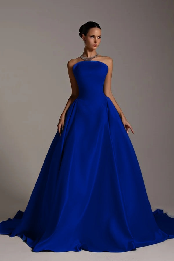 Chic Strapless Sleeveless A Line Long Prom Dress With Pleated BMBRIDE