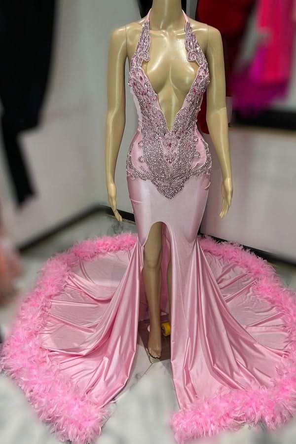 Sexy Pink Sleeveless V-Neck Prom Dress with Appliques and Feather Slit BM bride