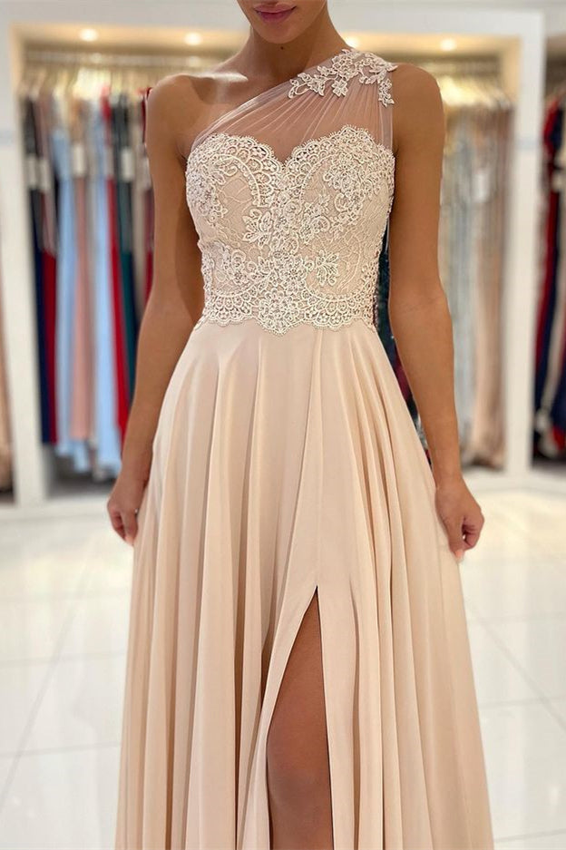 Glamorous One Shoulder Sleeveless Lace Appliques Prom Dress With Front Split BMBRIDE