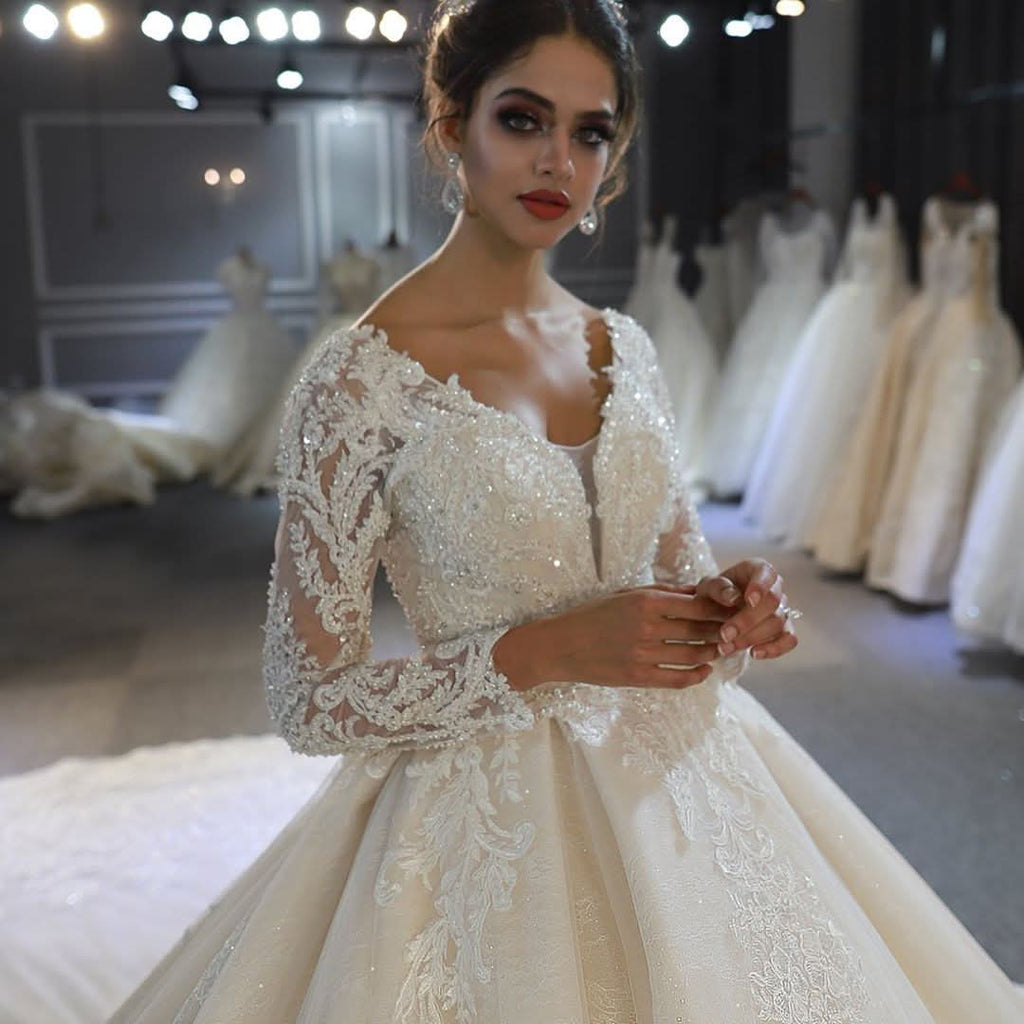 Classy Train A-Line Sweetheart Backless Long Sleeve Wedding Dress with Lace Appliques and Sequins BM bride