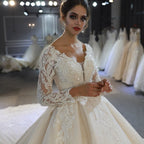 Classy Train A-Line Sweetheart Backless Long Sleeve Wedding Dress with Lace Appliques and Sequins BM bride