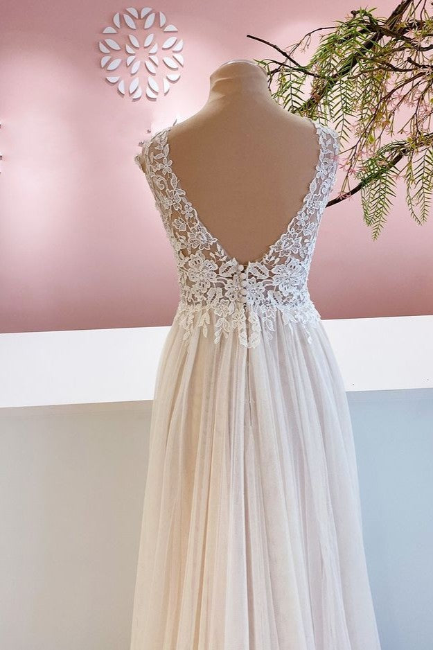 Wide Strap A-Line Floor-Length Backless Wedding Dress with Floral Lace and Tulle Ruffles BM bride