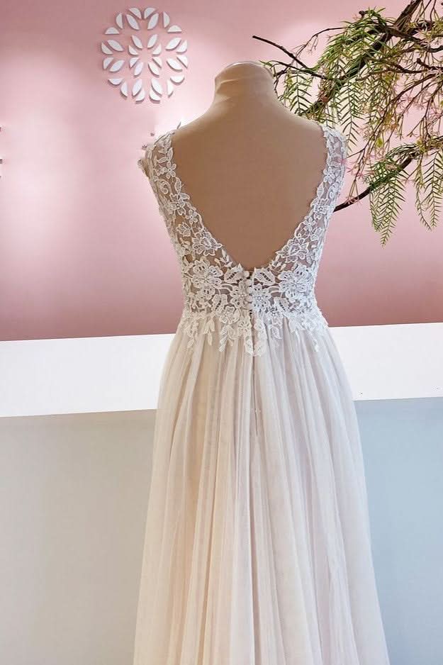 Wide Strap A-Line Floor-Length Backless Wedding Dress with Floral Lace and Tulle Ruffles BM bride