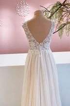 Wide Strap A-Line Floor-Length Backless Wedding Dress with Floral Lace and Tulle Ruffles BM bride