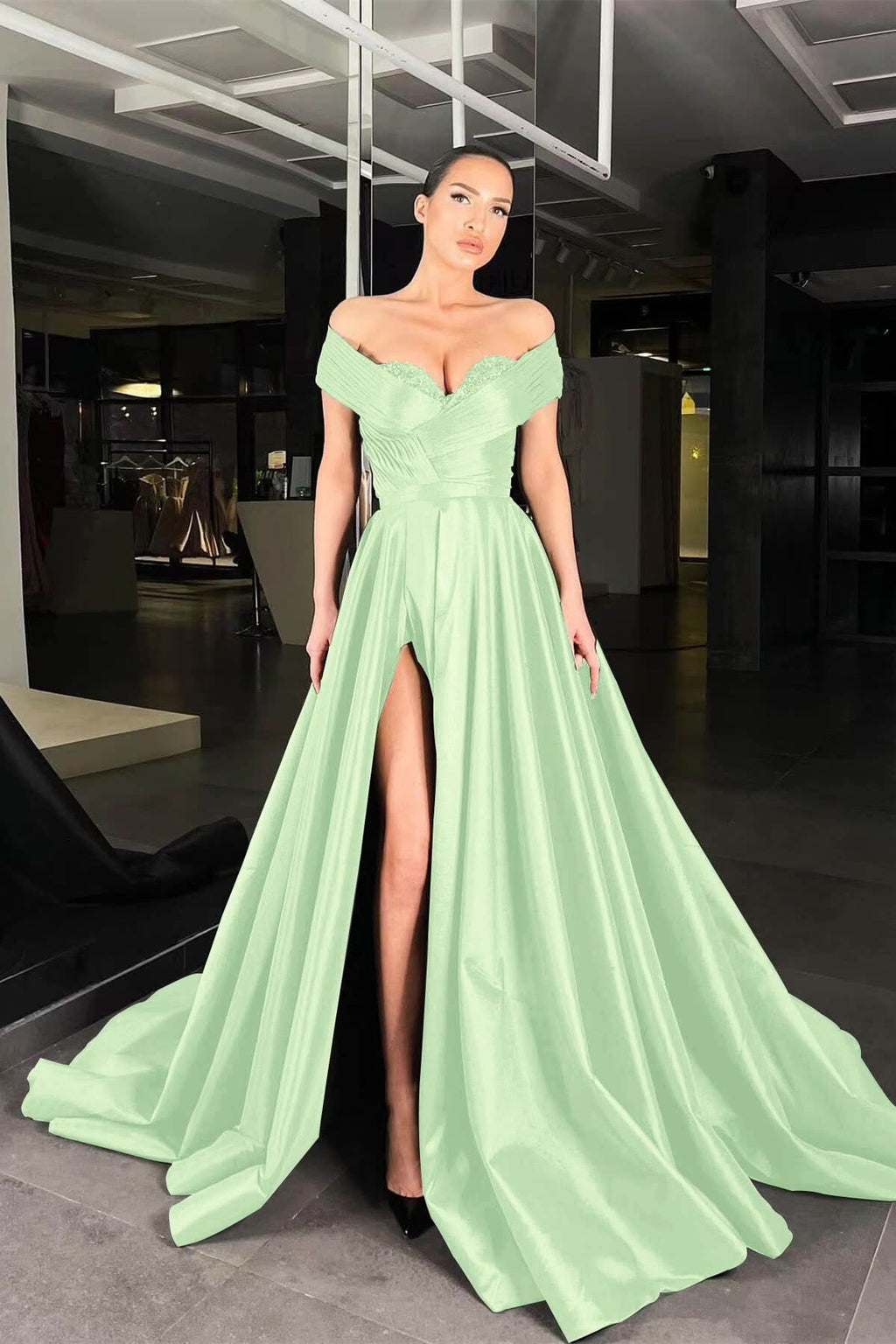 Off-the-Shoulder Black Beaded A-Line Prom Dress with Split BM bride