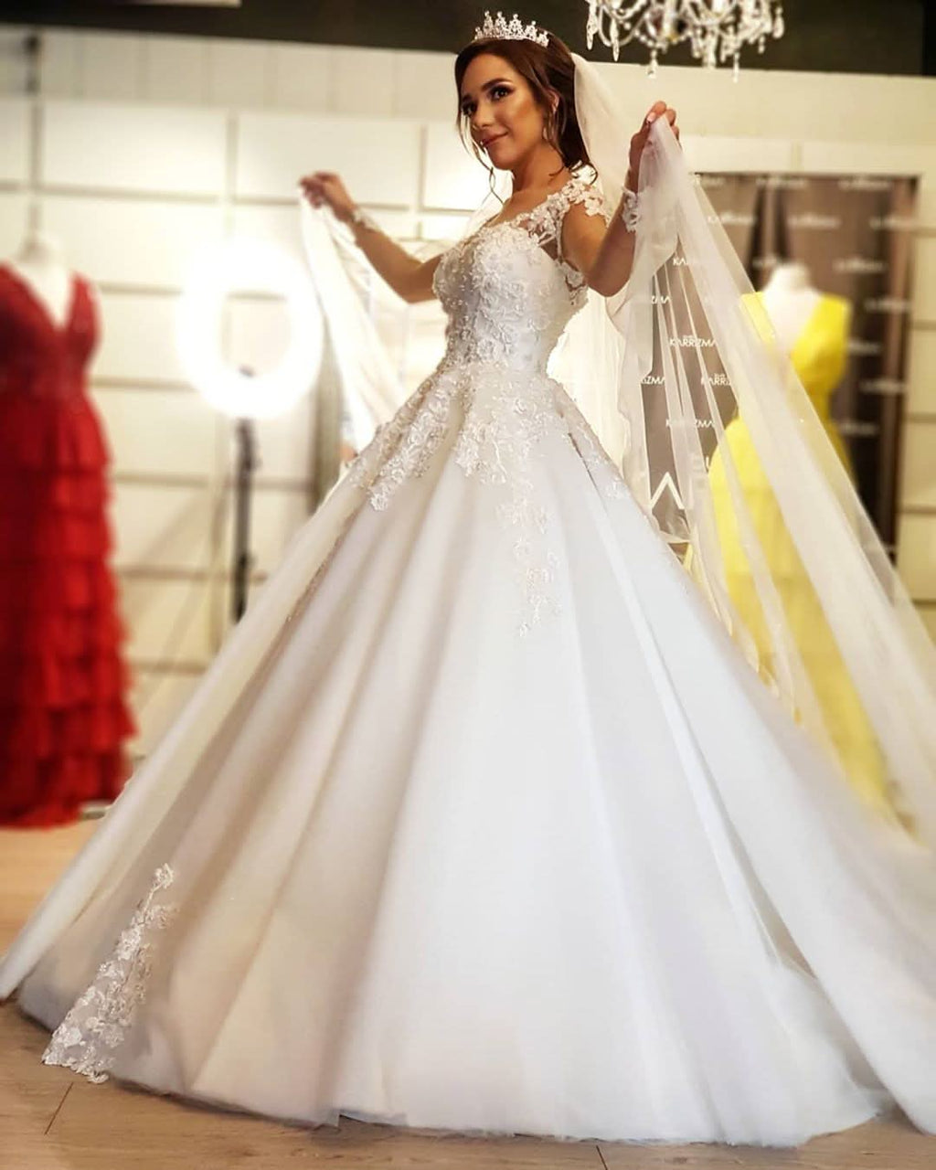 Off-the-shoulder A-Line Wedding Dress With Long Sleeves Appliques BM bride