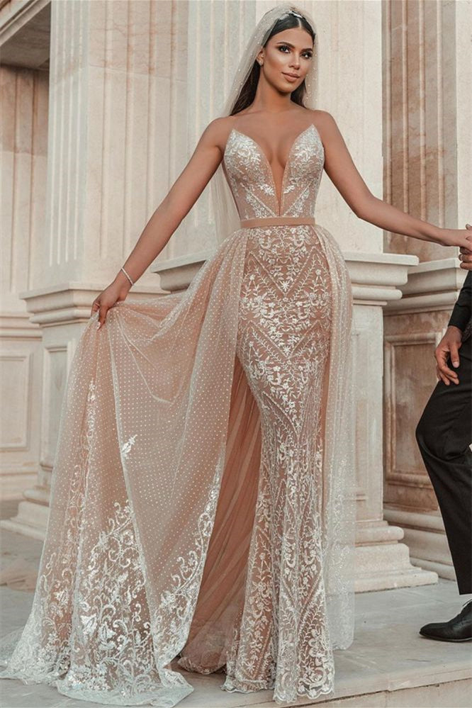 Spaghetti Strap Mermaid Wedding Dress with Applique Ruffles BM bride