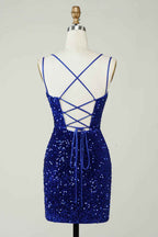 Royal Blue Criss-Cross Straps Sequins Tight Short Hoco Dress