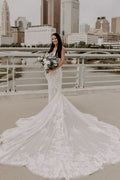 Elegant V-Neck Spaghetti Strap Backless Long Mermaid Wedding Dress with Lace BM bride