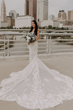 Elegant V-Neck Spaghetti Strap Backless Long Mermaid Wedding Dress with Lace BM bride