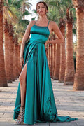 Spaghetti Strap Sleeveless Backless Dark Green A Line Prom Dress With Split