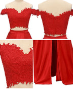Off-the-Shoulder Two Pieces Prom Dress with Appliques and Slit BM bride