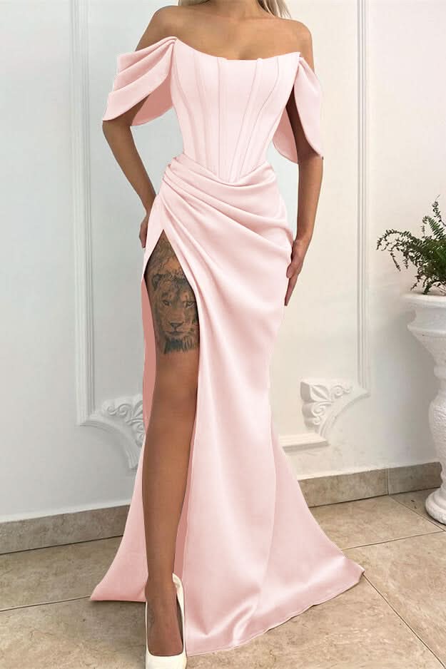 Off-the-Shoulder Long Mermaid Prom Dress with Split BM bride