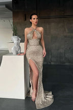 Halter Sleeveless Mermaid Evening Dress Long with Sequins and Split BM bride