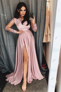Charming Long Sleeves Front Split High Waist Prom Dress With Lace Appliques BMBRIDE