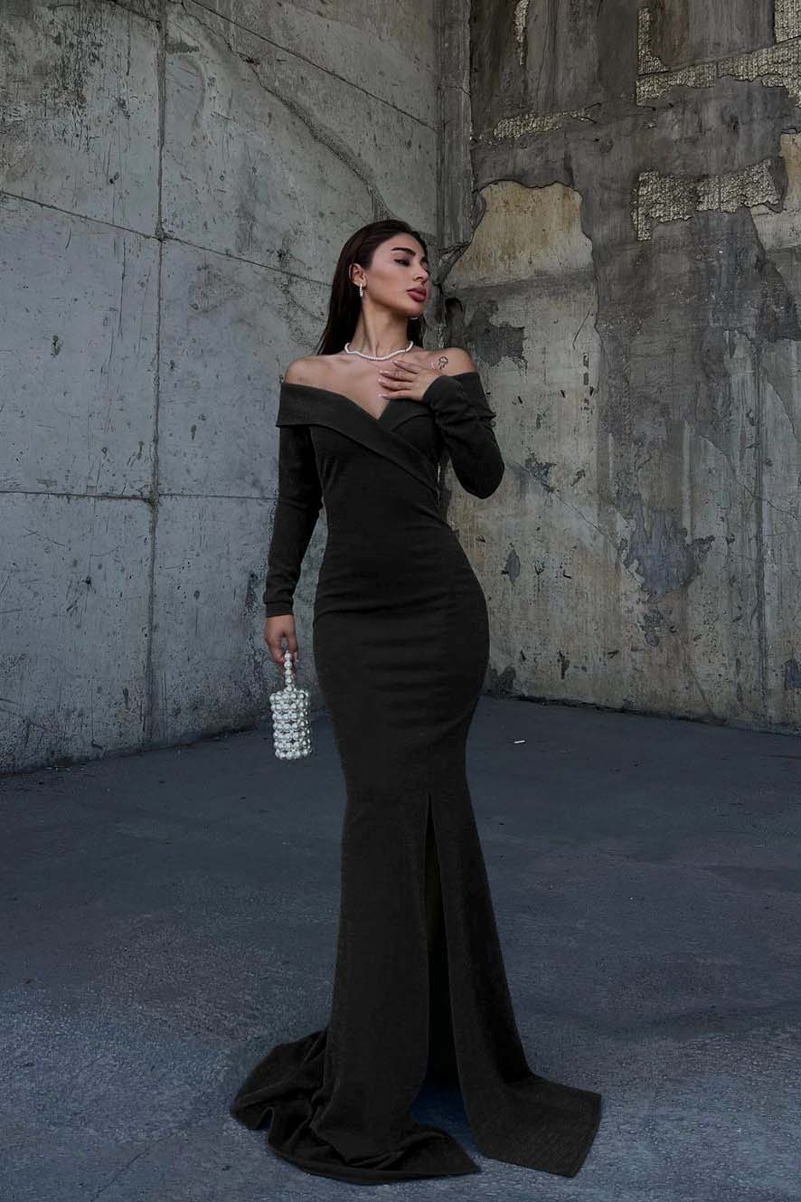 Off the Shoulder Long Sleeves Split Long Prom Dress With Pleated BMBRIDE