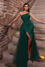Dusty Pink One Shoulder Ruffle Beadings Mermaid Prom Dress with Split and Tulle BM bride