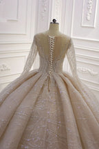 Bateau Long Sleeve Floor-Length Ball Gown Wedding Dress with Ruffles BM bride