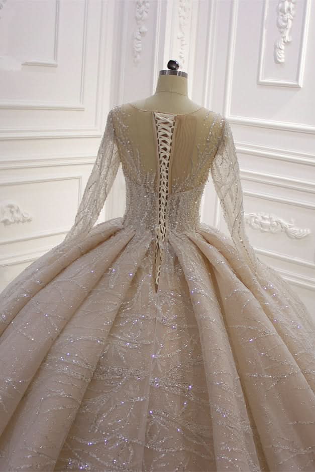Bateau Long Sleeve Floor-Length Ball Gown Wedding Dress with Ruffles BM bride
