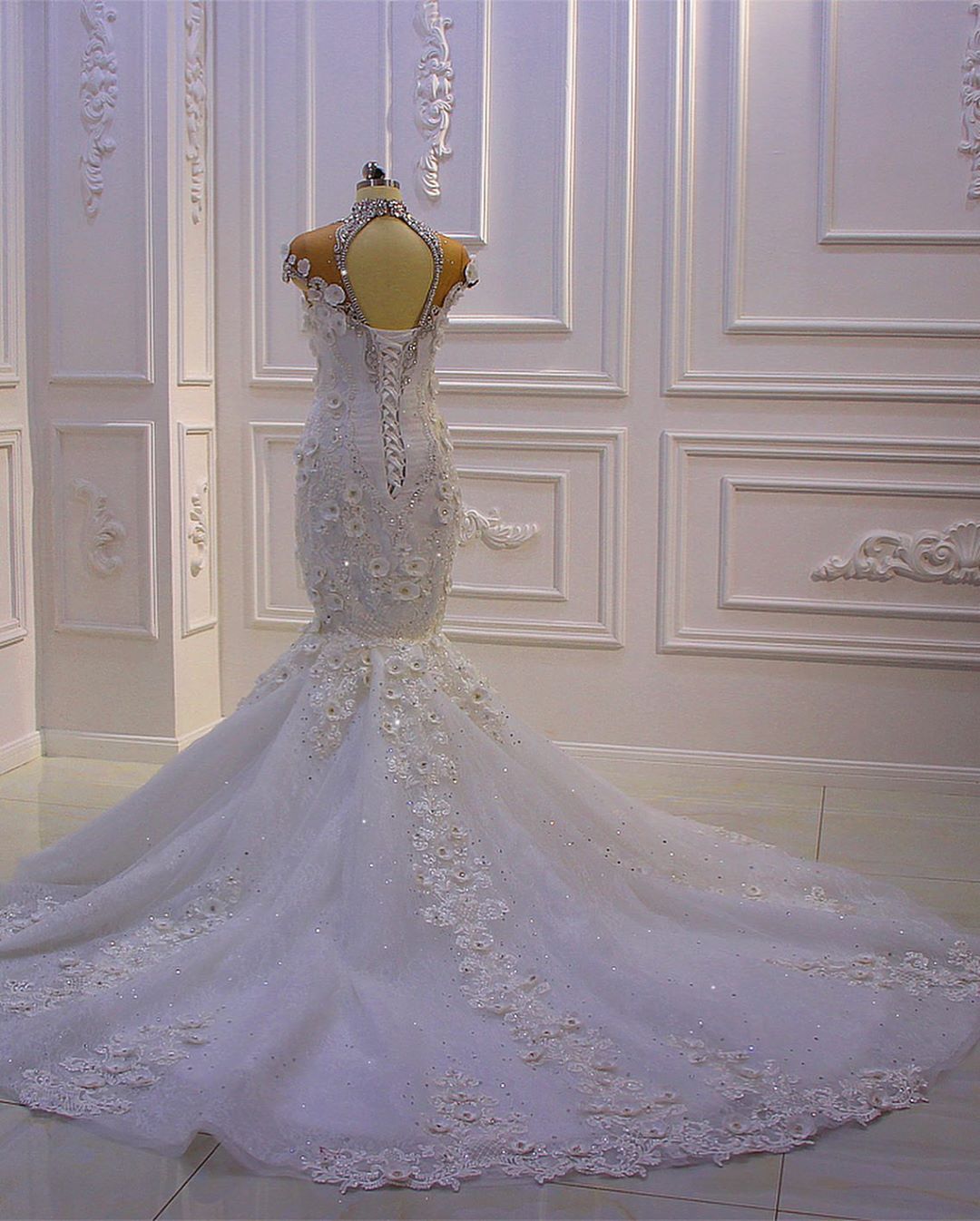 High Neck Crystal Tulle Floor-Length Mermaid Wedding Dress with Lace Appliques BM bride
