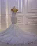High Neck Crystal Tulle Floor-Length Mermaid Wedding Dress with Lace Appliques BM bride
