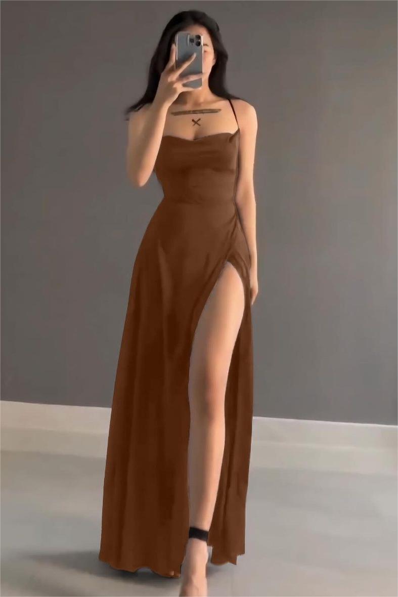 Simple Black Stain Spaghetti Strap Sleeveless Long Prom Dress With Split BMBRIDE