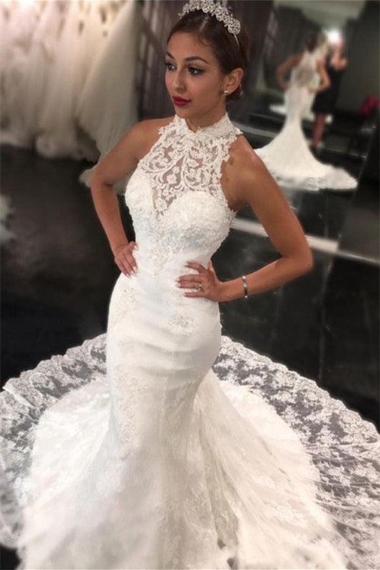High Neck Sleeveless Long Lace Mermaid Wedding Dress with Appliques BM bride