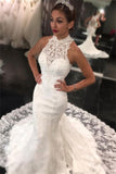 High Neck Sleeveless Long Lace Mermaid Wedding Dress with Appliques BM bride