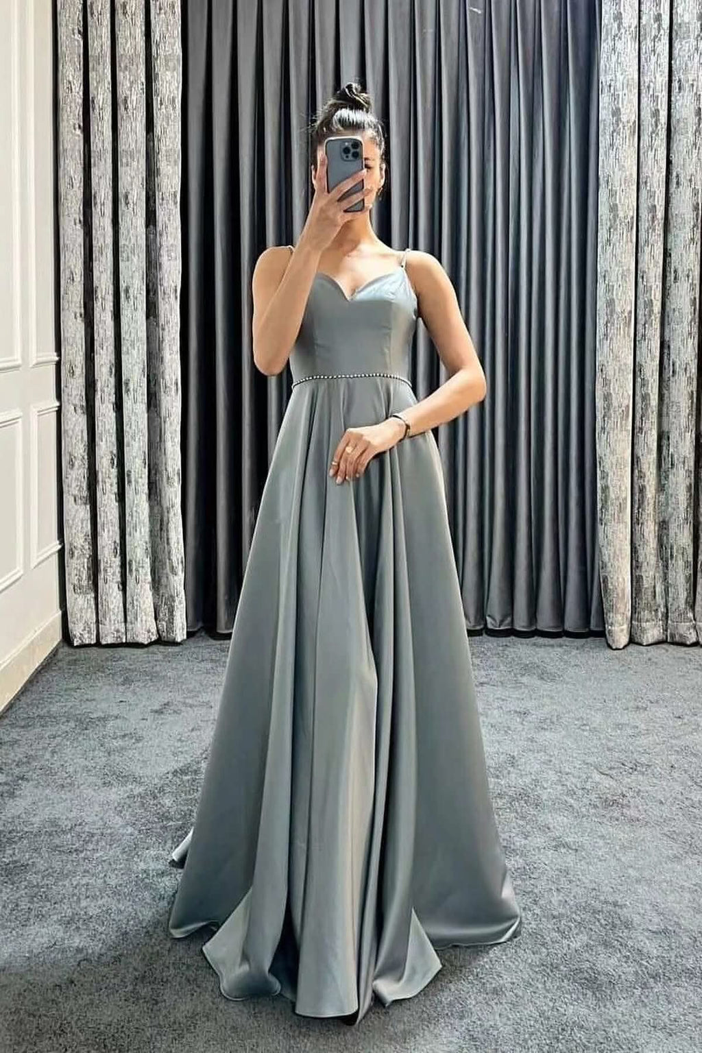 Spaghetti-Strap Sweetheart Long A-Line Prom Dress with Beads BM bride