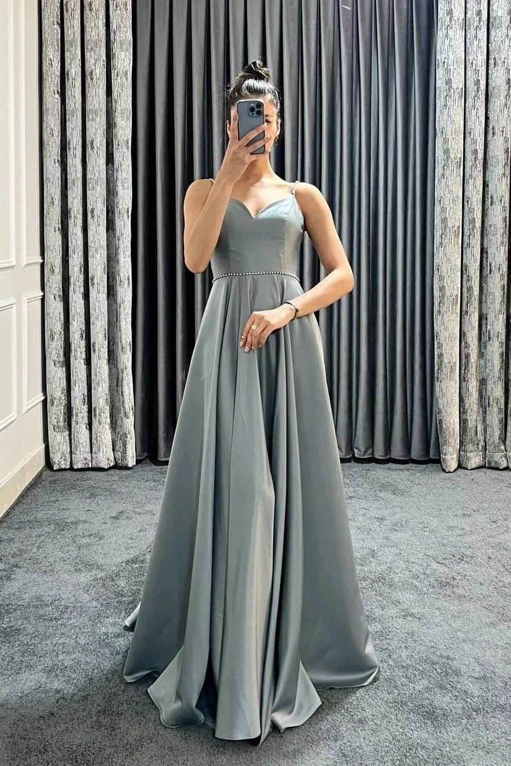 Spaghetti Strap Long A Line Sleeveless Sweetheart Prom Dress With Beadings