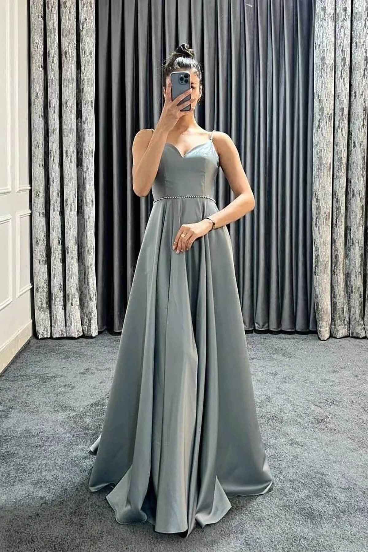 Spaghetti Strap Long A Line Sleeveless Sweetheart Prom Dress With Beadings