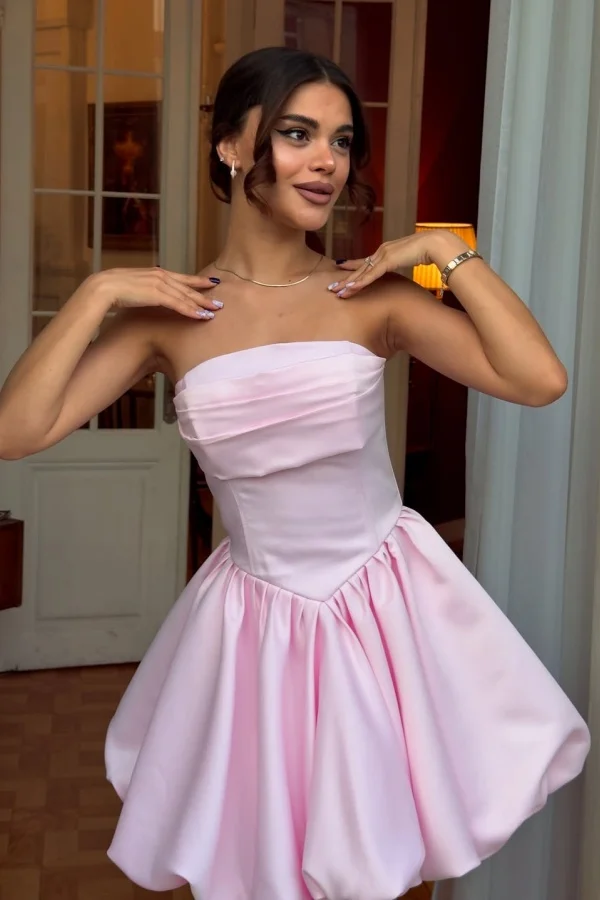 Chic Strapless Sleeveless Short A Line Prom Dress With Pleated BMBRIDE