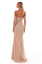 Sequins Strapless Long Split Prom Dress With Pleated Long Gloves