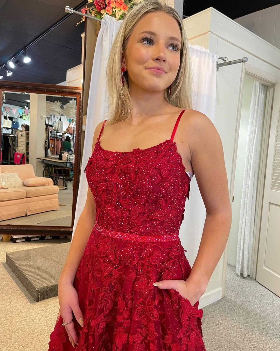 Cute A-Line Scoop Neck Red Lace Prom Dress with Beading BM bride