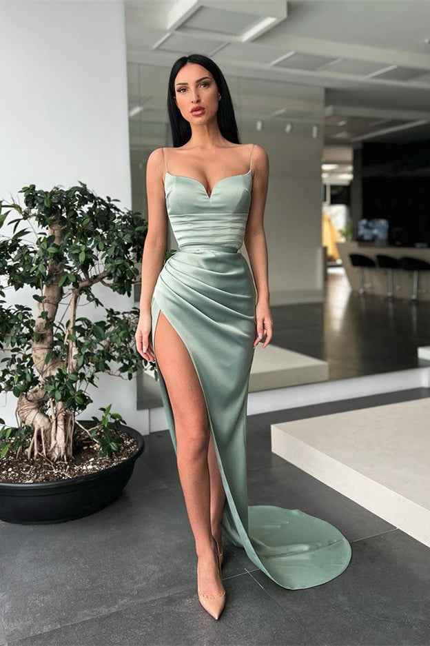 Sleeveless Mermaid Spaghetti Strap Pleated Long Prom Dress With High Split