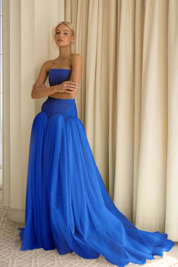 Charming Tulle Strapless Sleeveless Long Prom Dress With Pleated BMBRIDE