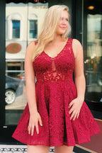 Elegant A-Line Red Lace Homecoming Dress with Sheer Back BM bride