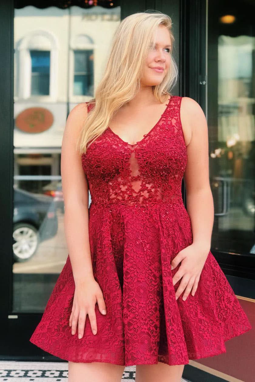 Elegant A-Line Red Lace Homecoming Dress with Sheer Back BM bride