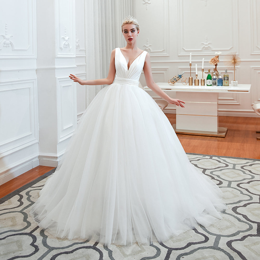 Wide Strap Deep V-Neck Floor-Length A-Line Wedding Dress with Tulle BM bride