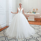 Wide Strap Deep V-Neck Floor-Length A-Line Wedding Dress with Tulle BM bride