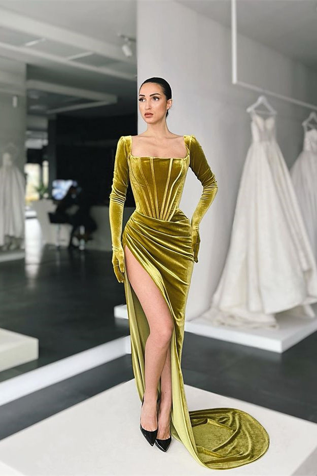 Stunning Square Neck Long Sleeves Pleated Long Prom Dress With Side Split BMBRIDE