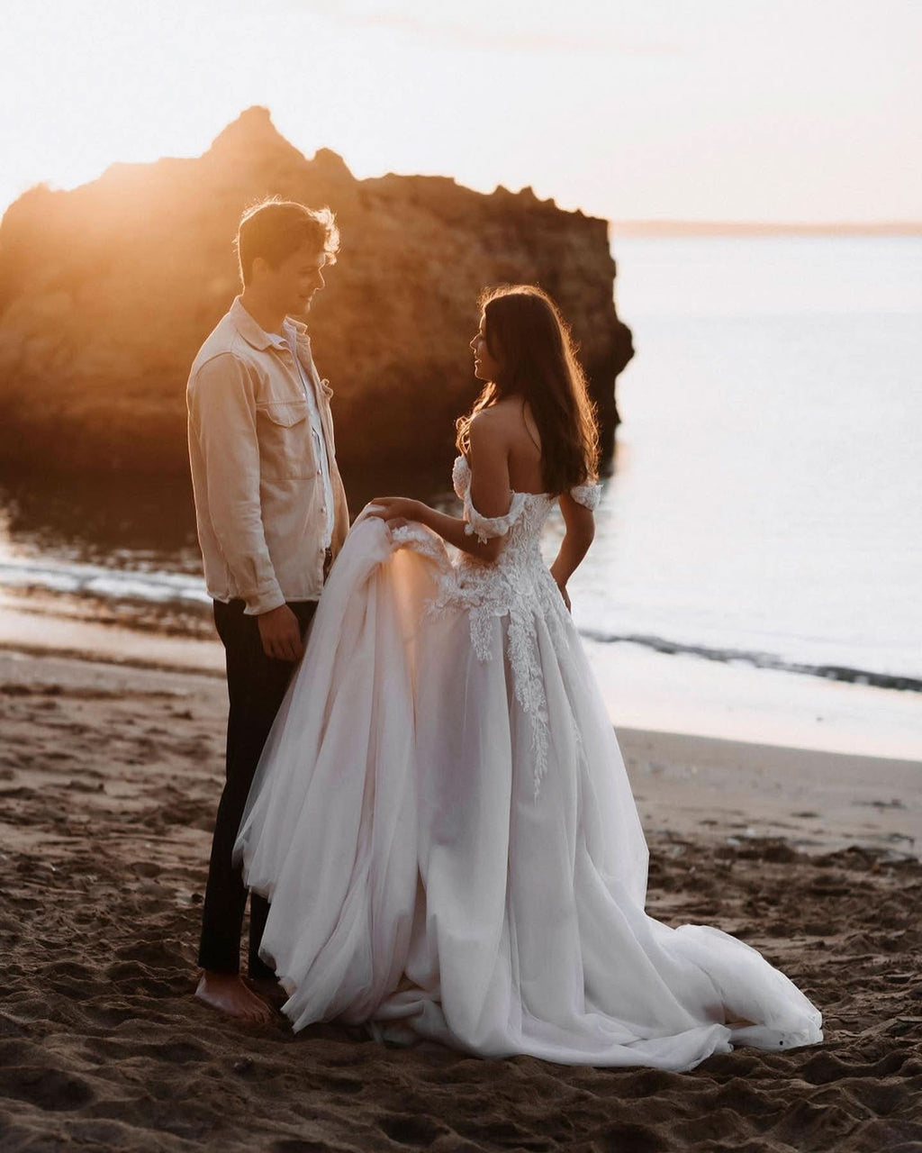 Off-the-Shoulder Tulle Train A-Line Wedding Dress with Lace Appliques BM bride