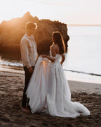 Off-the-Shoulder Tulle Train A-Line Wedding Dress with Lace Appliques BM bride