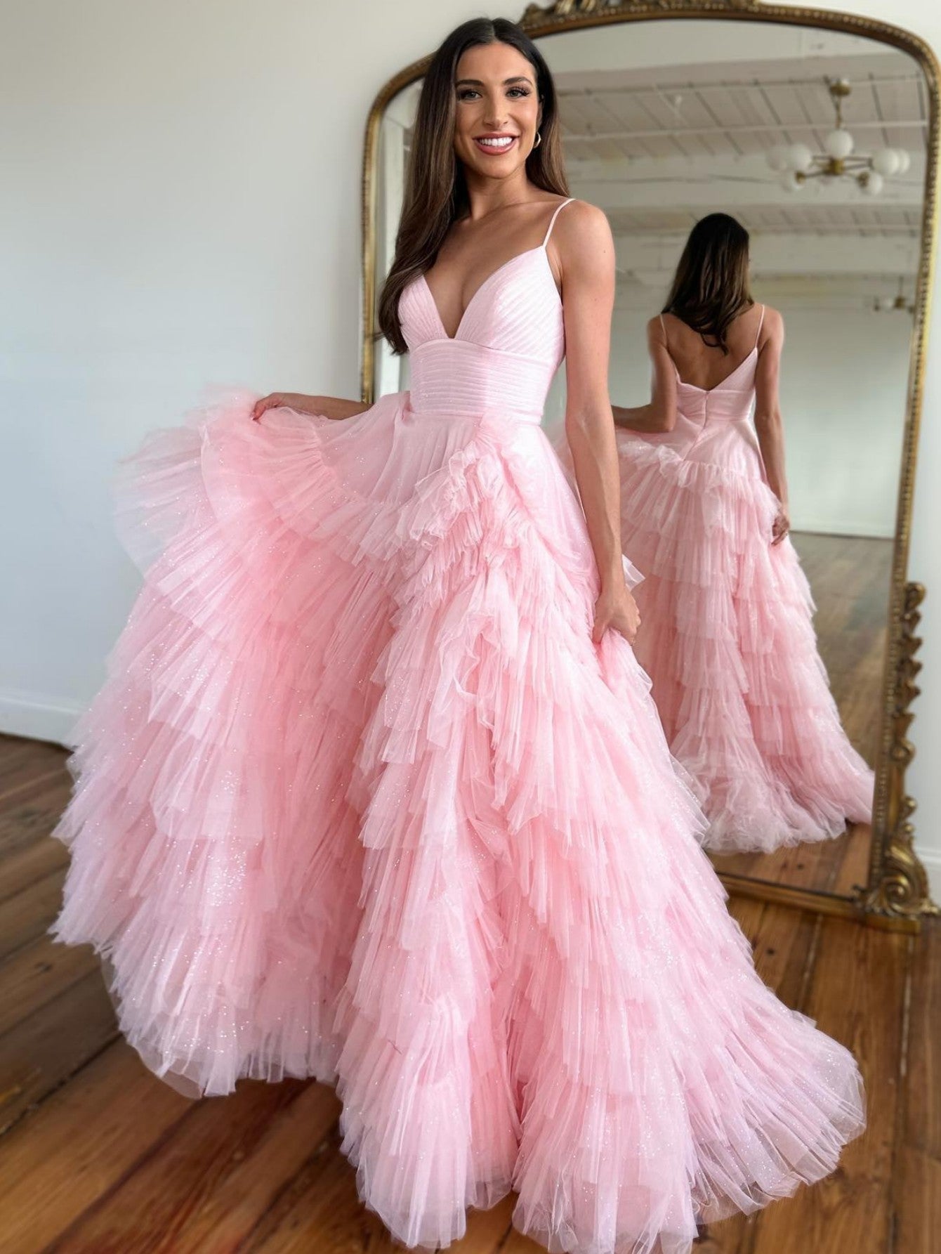 Sweet Light Pink A-Line Tiered Spaghetti Straps Tulle Prom Dress BM bride