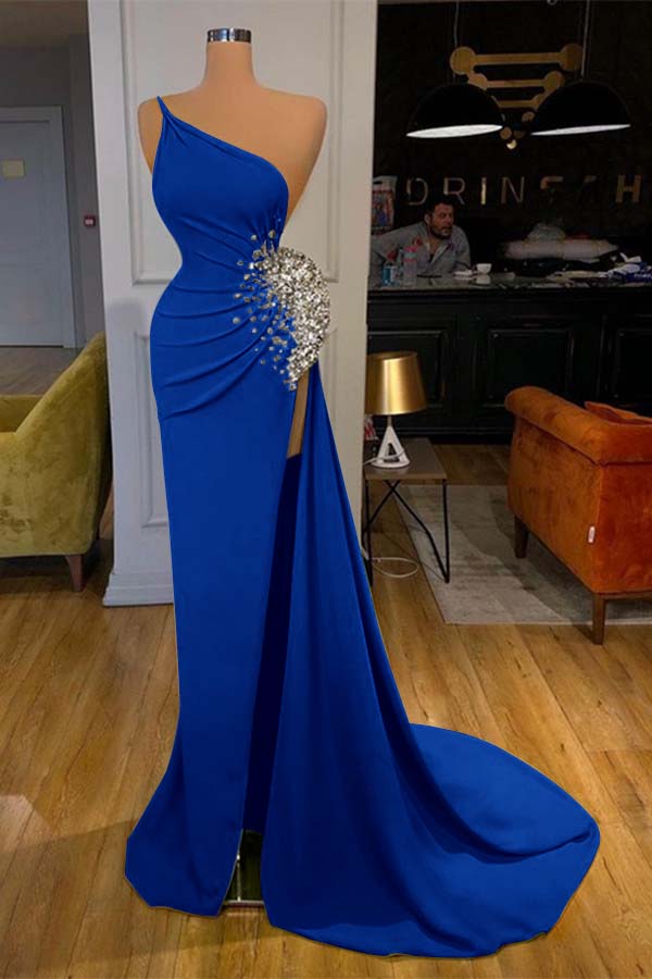 One Shoulder Sleeveless Mermaid Long Prom Dress Green Beadings With Split